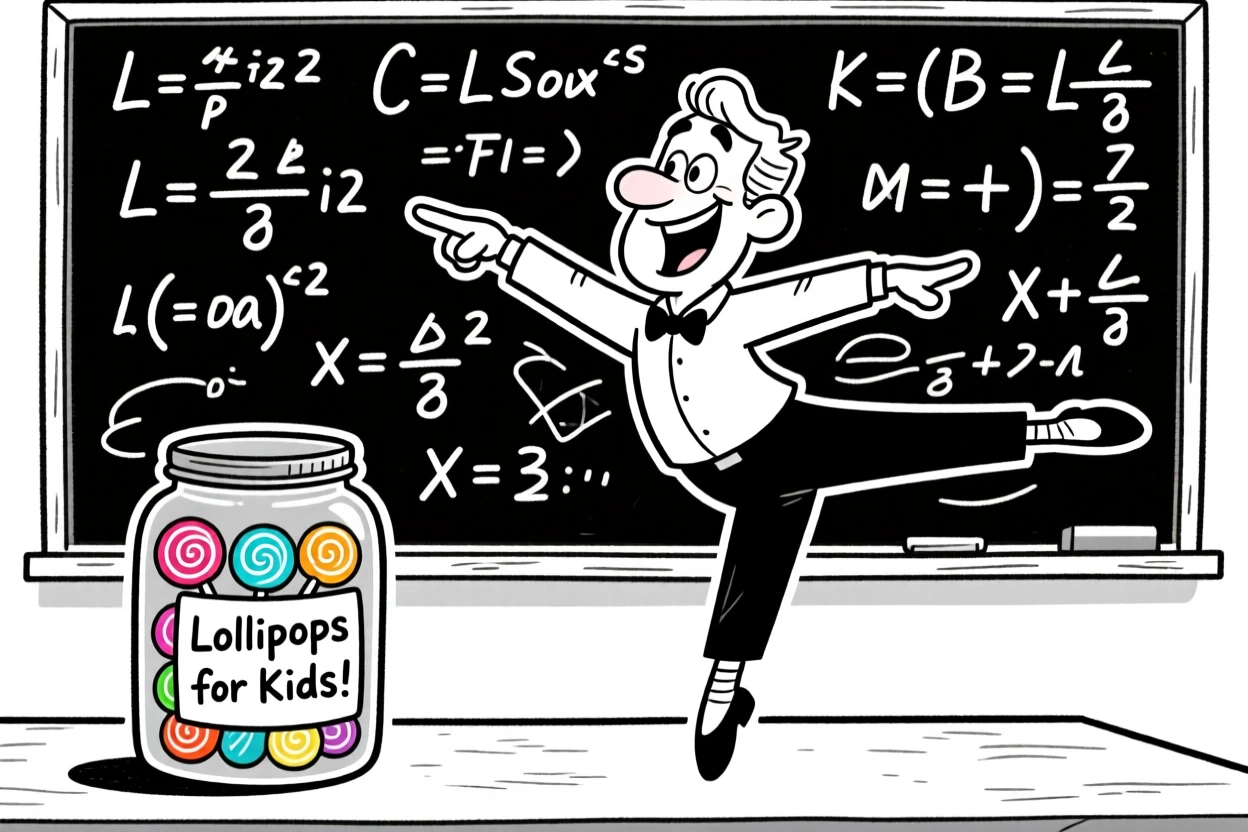 A passionate teacher pointing at a chalkboard, demonstrating a perfect pirouette, set in front of a chalkboard covered in equations. A jar of lollipops sits on the counter for kids. There's pride and humor woven into the moment.
