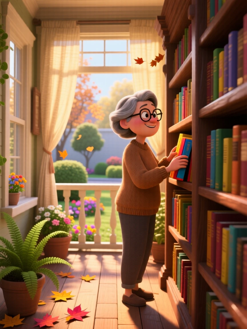 A librarian reshelving books in a quiet aisle is captured on a porch overlooking a quiet garden, with a light breeze stirring nearby leaves. The atmosphere feels cozy, human, and full of small joys.