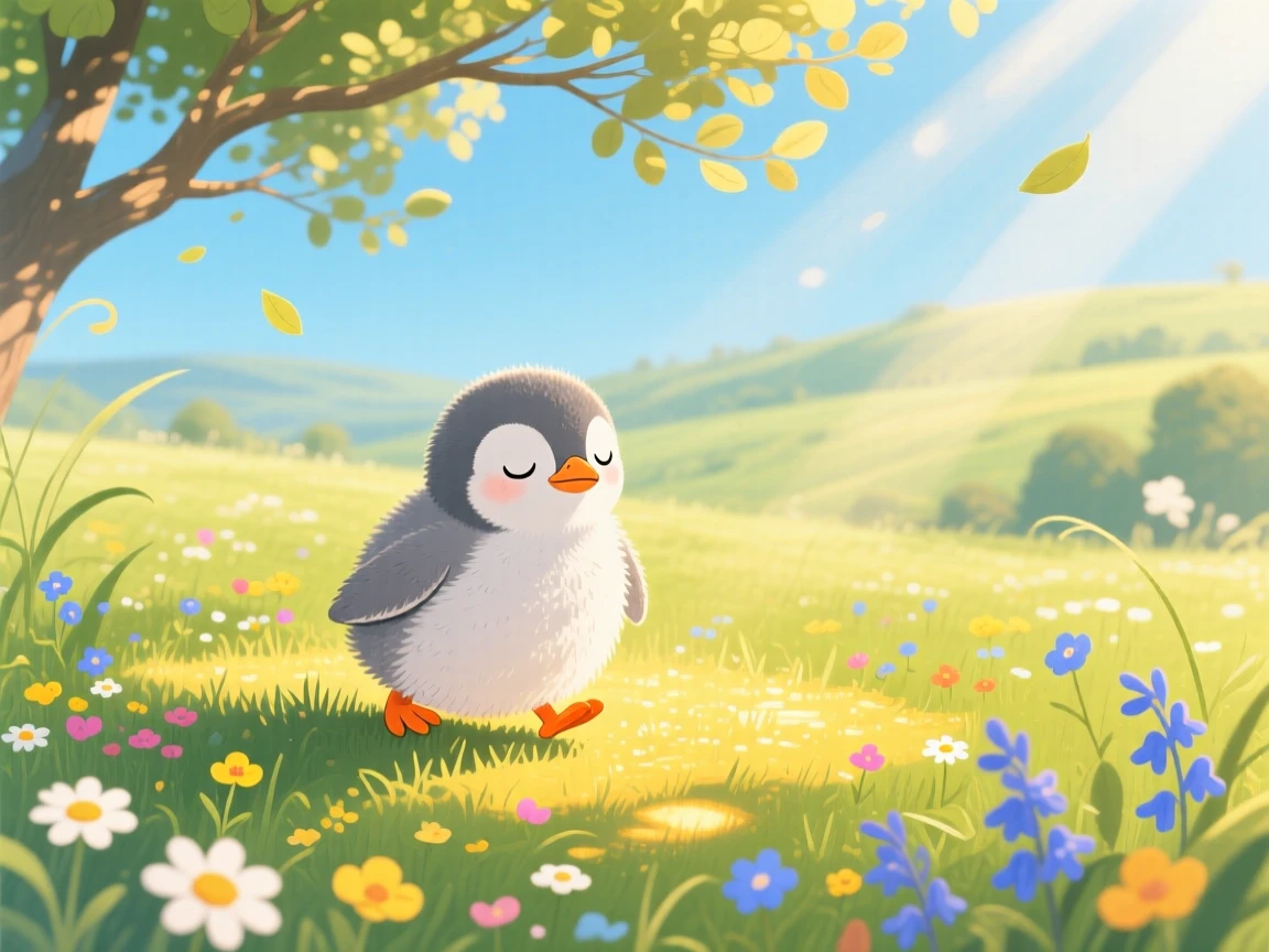 In a sunlit meadow, a waddling penguin chick spends the afternoon napping in a patch of sunlight, with a warm breeze rustling the branches.