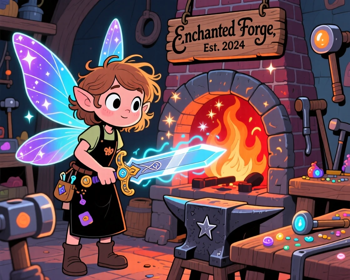 A curious fairy forging a magic sword beside a roaring furnace.