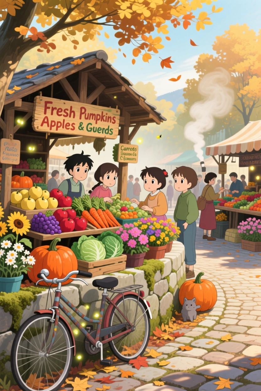 A market day with stalls of fresh produce and flowers, with bicycles leaning against a low stone wall, on a crisp autumn morning.
