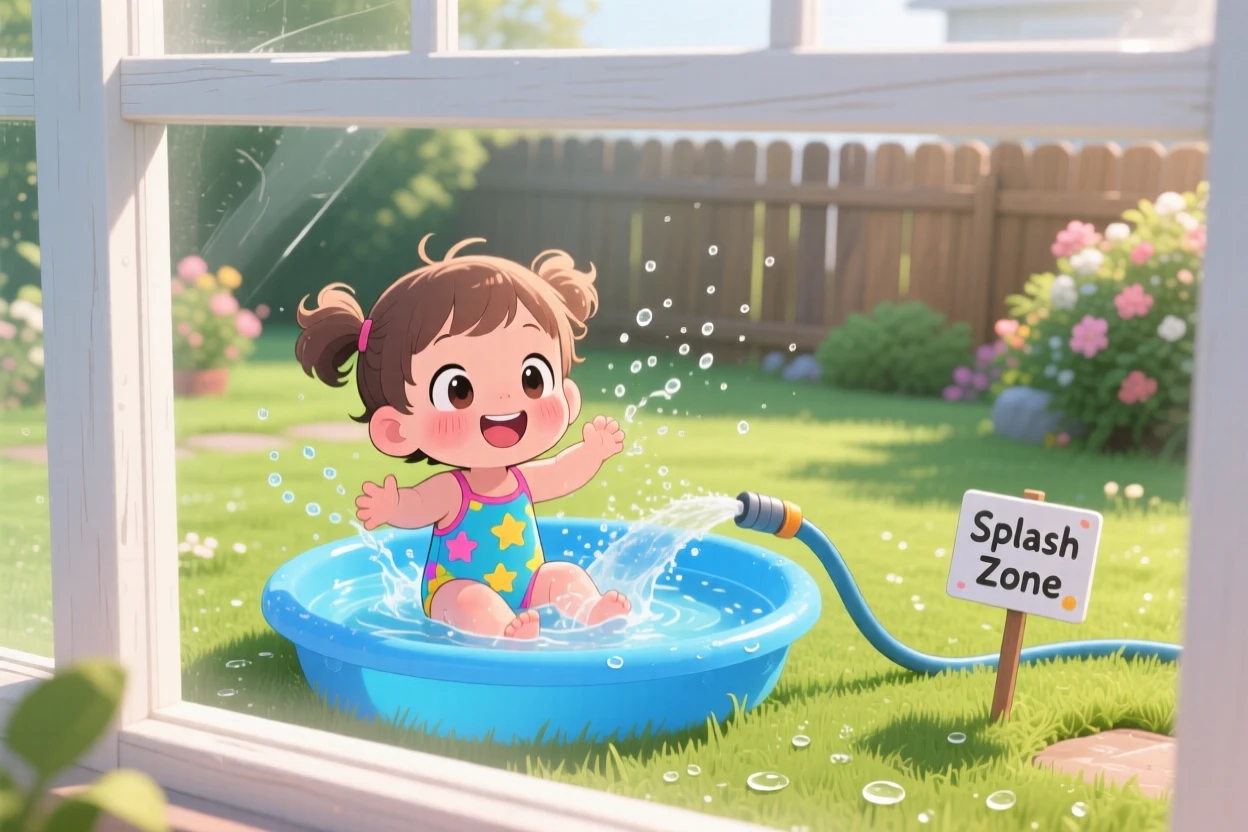 A toddler splashing in a kiddie pool in a sunny backyard with a garden hose as morning dew glistens on the grass; diffused overcast light washes over the scene as eager anticipation fills the moment. Framed through a window.