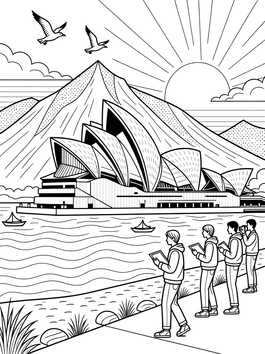 The Sydney Opera House silhouetted against a pink sunset, with mountains rising dramatically in the background.