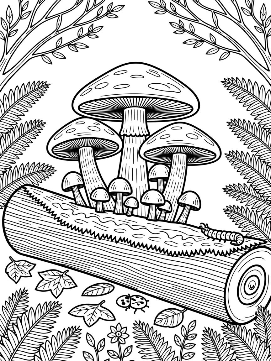 A cluster of edible mushrooms growing on a moss-covered log.