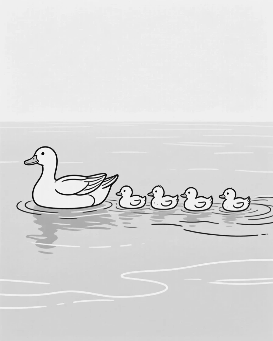 A duckling family swimming in a row behind their mother