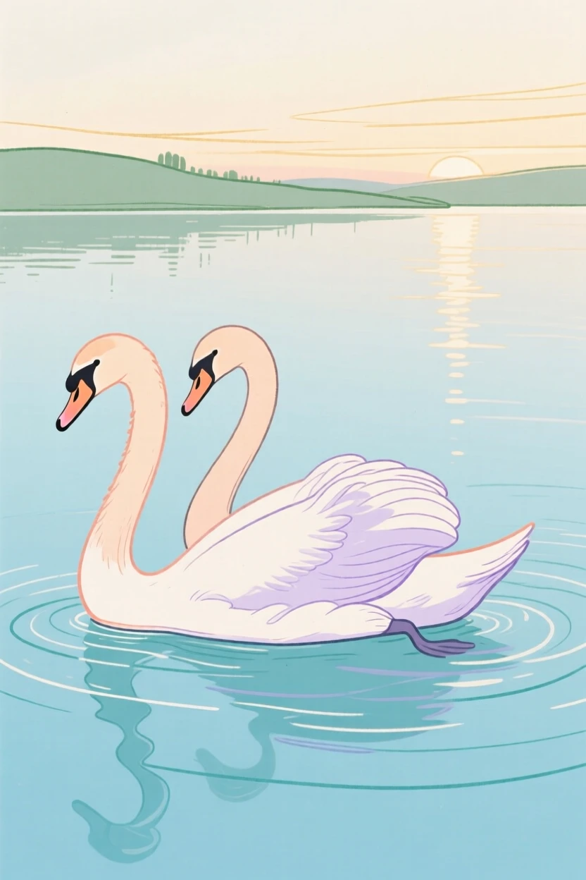 A pair of swans gliding across a still lake at dawn.