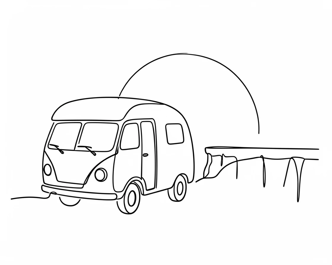 A vintage camper van parked beside a scenic overlook at sunset