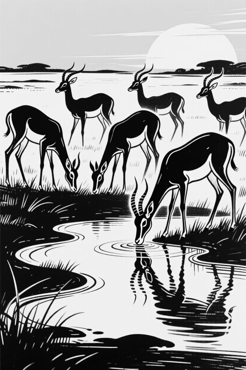 A herd of impalas grazing near a watering hole at golden hour.
