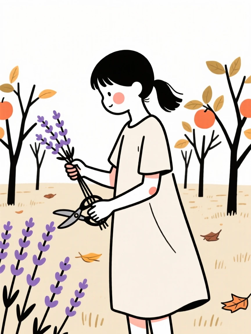 A young girl harvesting lavender in a summer field, in an autumn orchard.