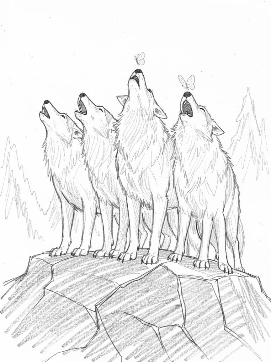 A heartwarming scene of a pack of howling wolves standing proudly atop a rocky outcrop, with a butterfly resting on its nose.