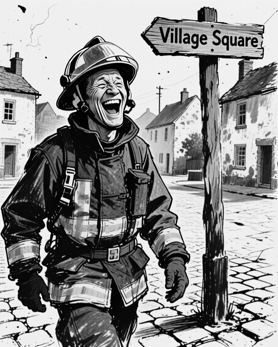 A firefighter laughing with pure joy, eyes crinkled with happiness, in a small village square.