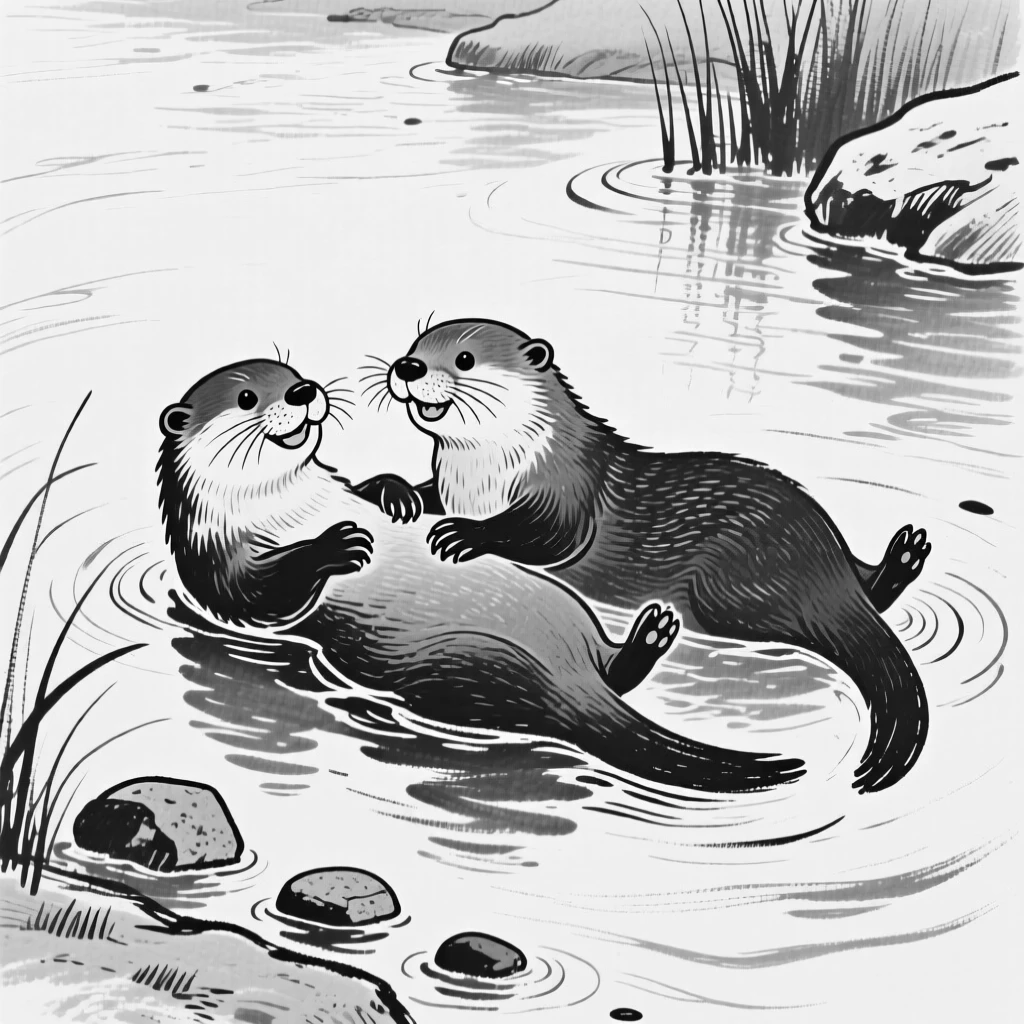 A pair of playful otters floating on their backs along a calm river.