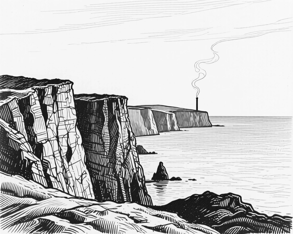 A row of ancient sea cliffs at the edge of an endless horizon, with a thin trail of smoke from a distant chimney, evoking a peaceful and untouched atmosphere in a wide, balanced composition.