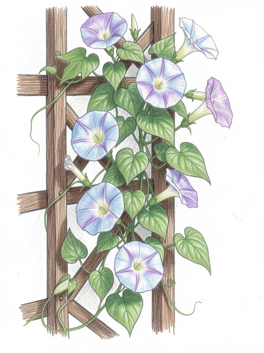 A trailing vine of morning glories climbing a wooden trellis, arranged with soft, natural asymmetry for an effortless look, capturing the fleeting beauty of a blooming season.