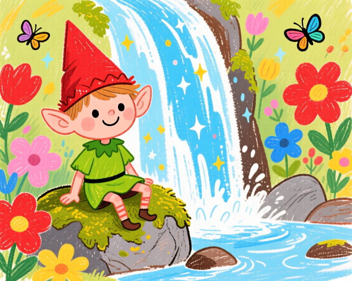 A garden elf resting beside a sparkling magical waterfall.