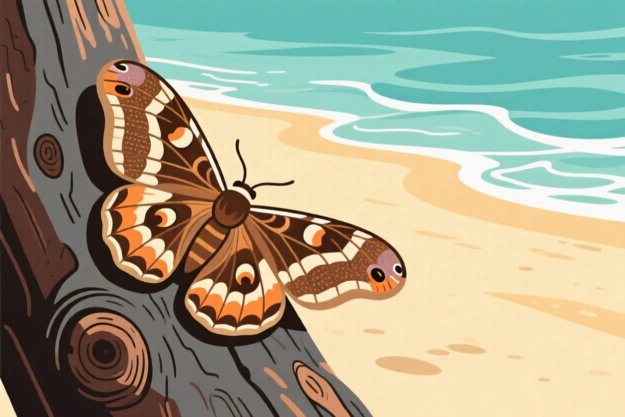 A moth with intricate patterned wings resting on tree bark, positioned along a sandy beach with gentle turquoise waves, captured mid-motion with a dynamic diagonal composition, with a sense of playful curiosity captured perfectly.