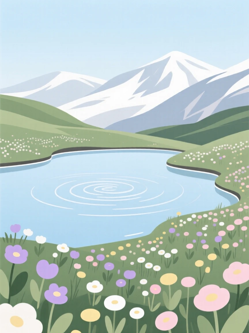 A tranquil alpine tarn surrounded by wildflower banks, with gentle ripples on the surface.