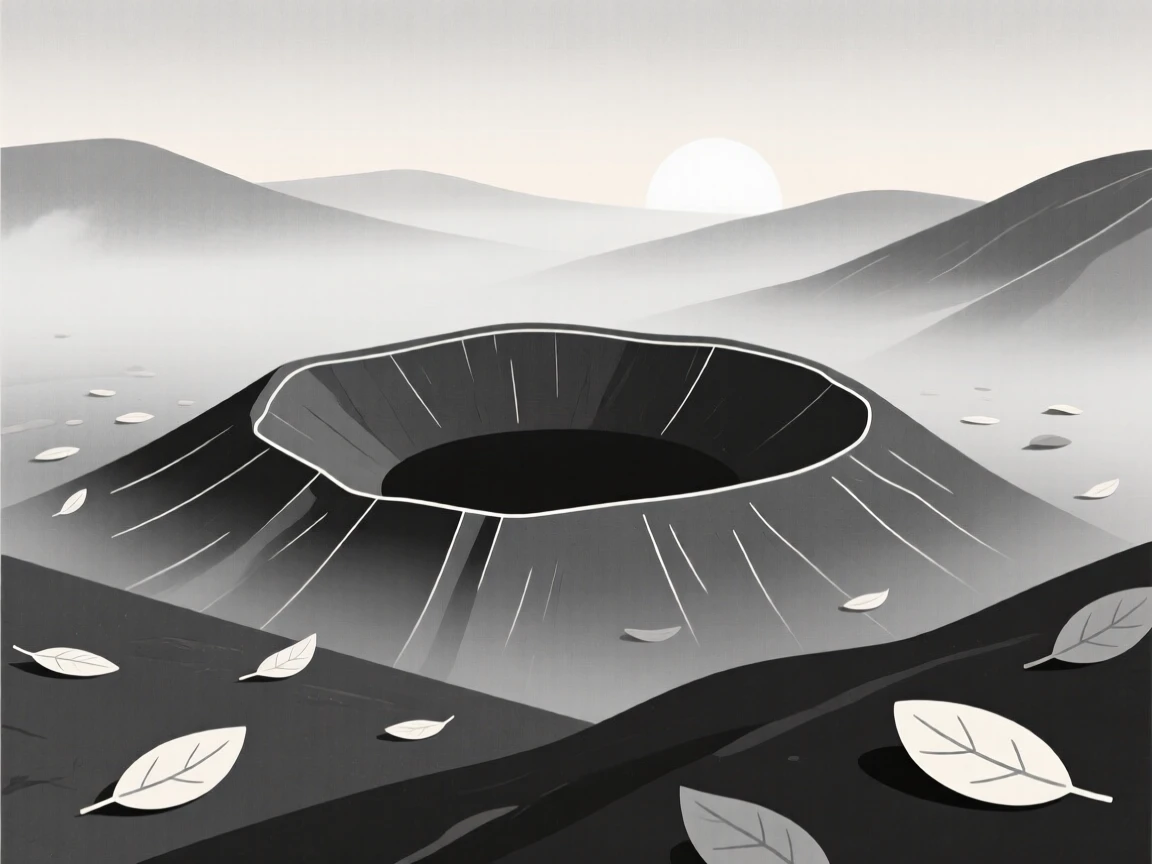 A misty valley at dawn, quiet and still, cradles a volcanic crater resting beside a scattering of fallen leaves, capturing a feeling of raw natural power.