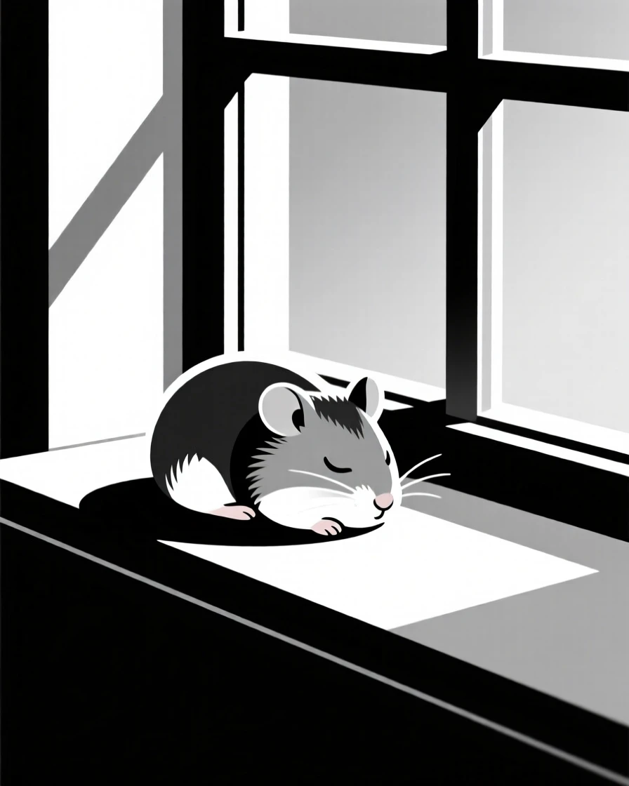 A tiny hamster napping on a sunny windowsill.