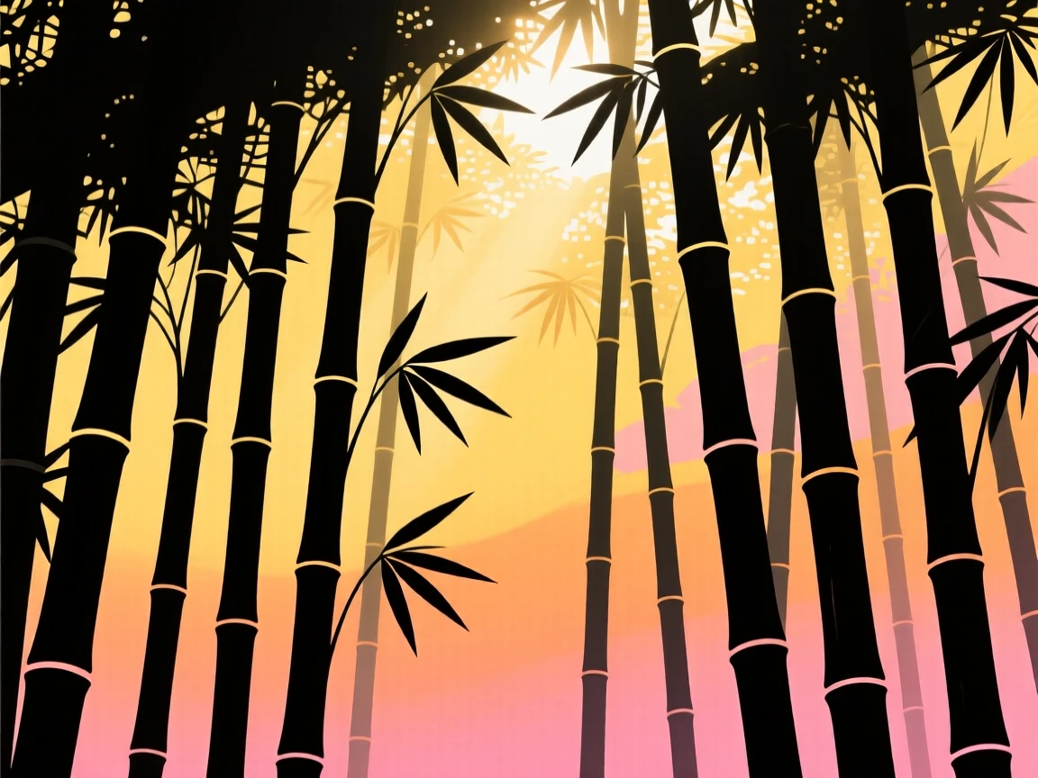 A quiet grove of towering bamboo stalks with light filtering through overhead.