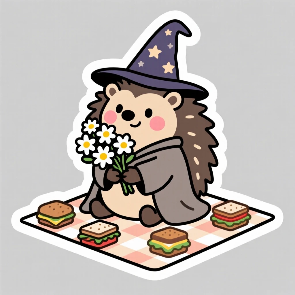 A rosy-cheeked round hedgehog wizard holding a bouquet of daisies, on a picnic blanket with tiny sandwiches nearby.