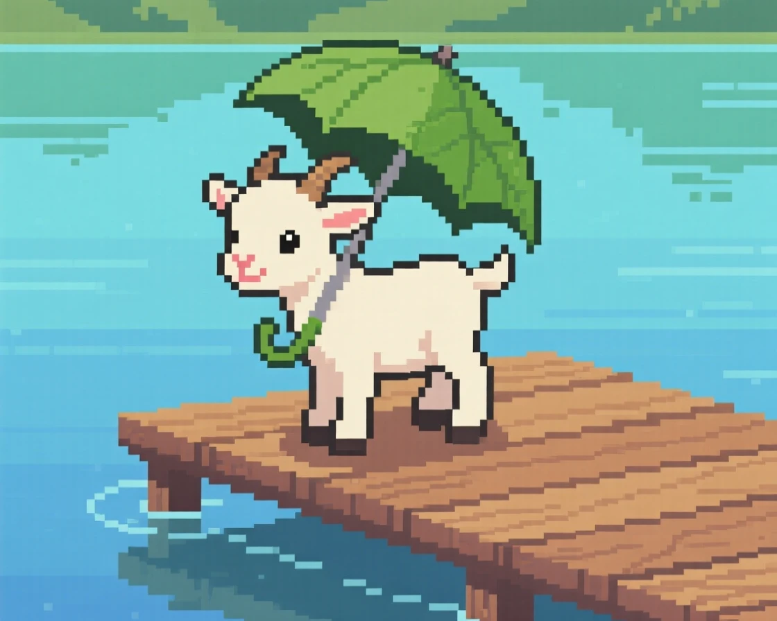 A baby goat carrying an umbrella made from a leaf, on a wooden dock over a still lake.