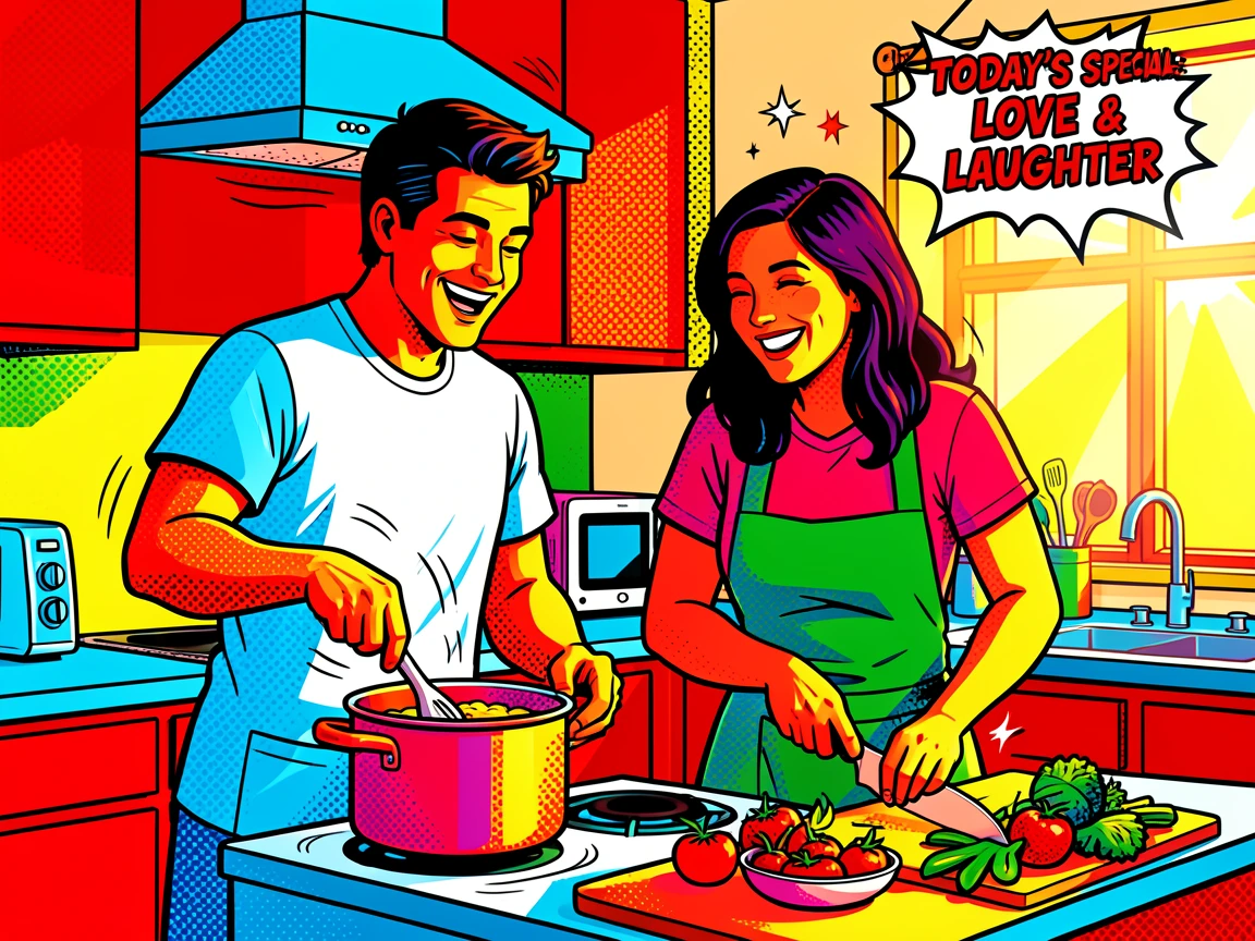 A couple cooking dinner together in a sunlit kitchen