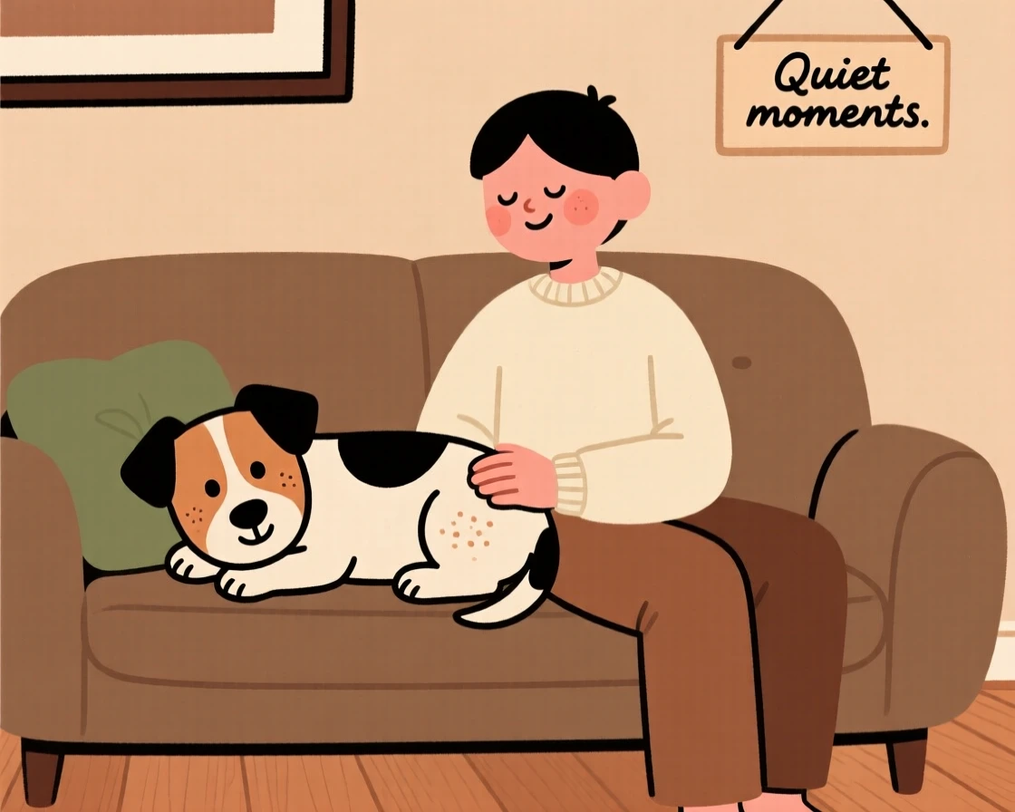 A small terrier rests its head on its owner's lap during a quiet evening on the couch, both perfectly content.