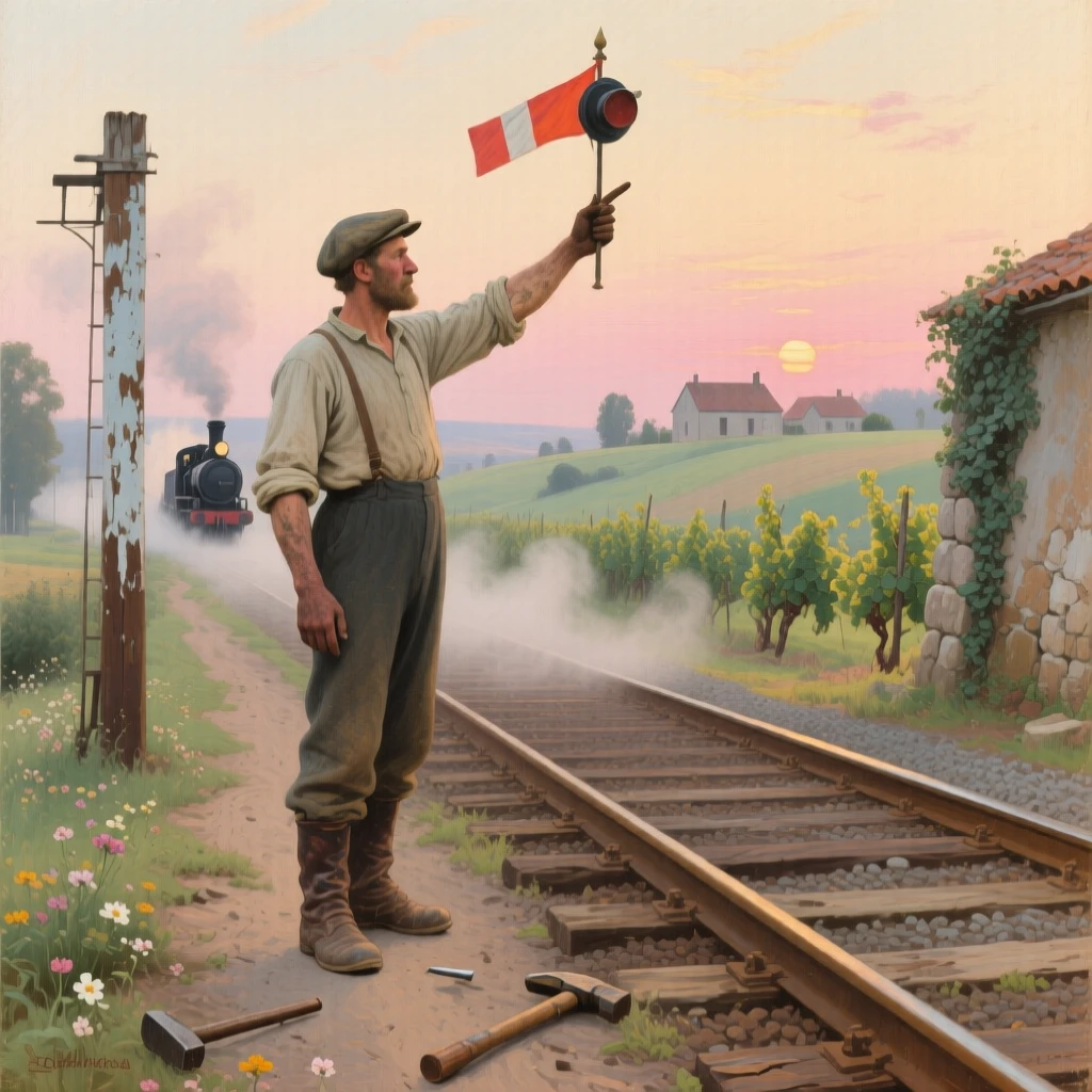 A balanced composition of a rail worker signaling an approaching steam locomotive, in the French countryside, at dawn.