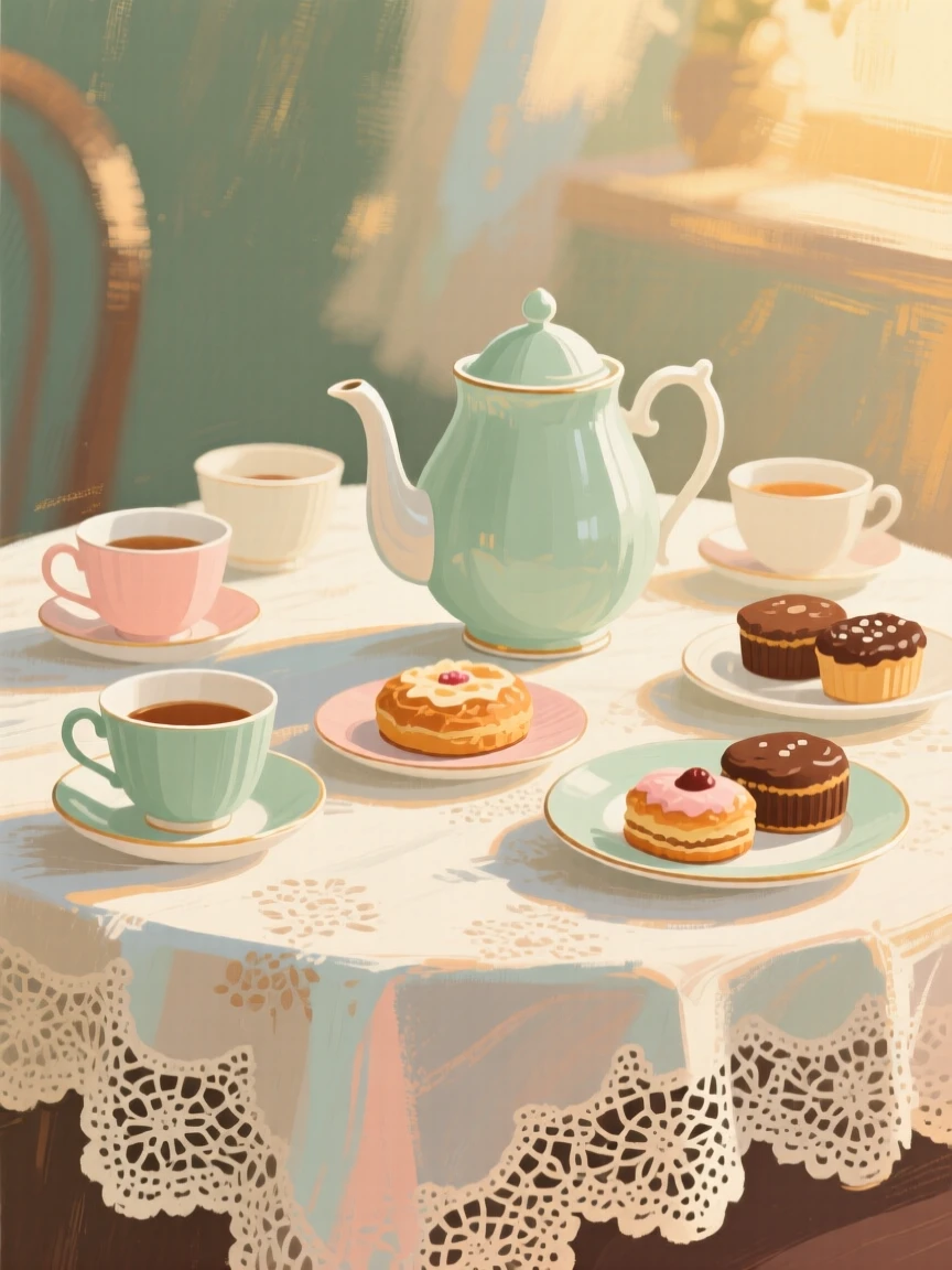 A tea set arranged on a lace tablecloth for an afternoon gathering