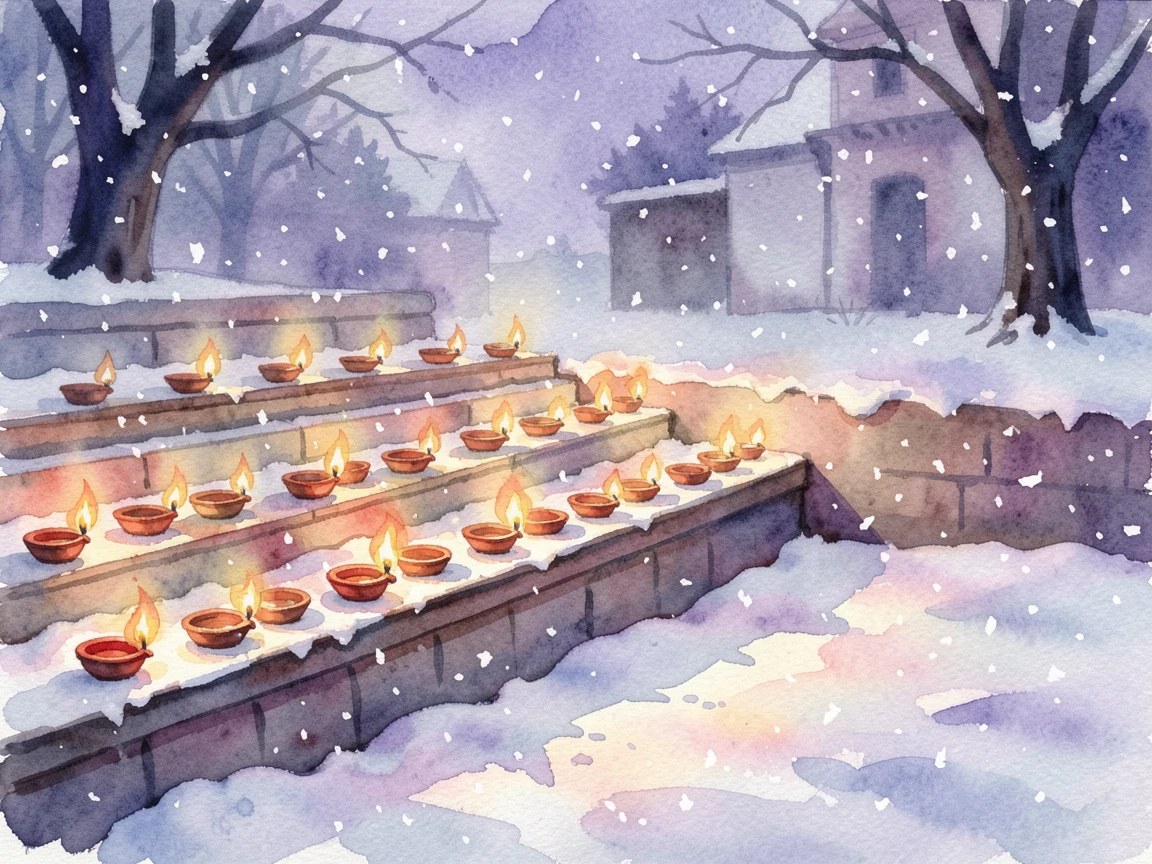 A Diwali celebration with rows of glowing oil lamps with soft snow gently falling.