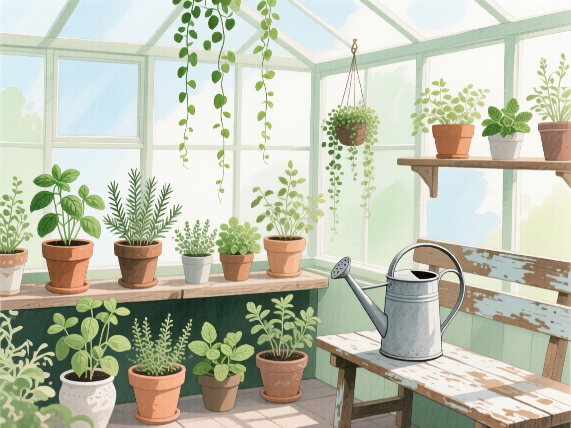 A garden greenhouse filled with potted herbs and hanging vines, a watering can resting on a weathered wooden bench
