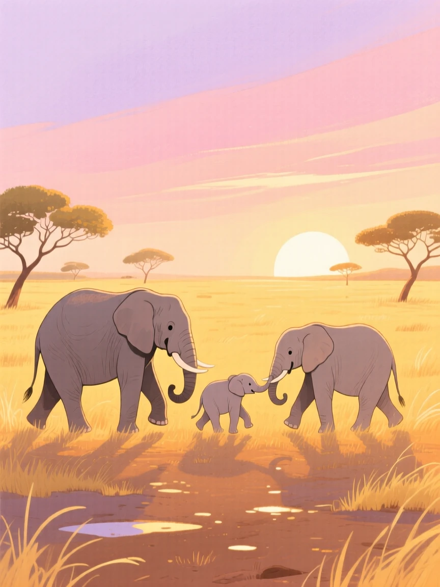 An exciting view of a family of elephants crossing a golden savanna at sunset.