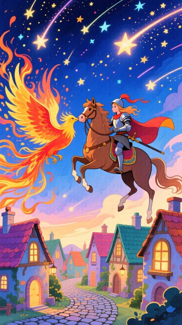 A knight and her loyal steed taming a phoenix that has just been born from flame, in a sky full of shooting stars over a fantasy village, evoking a sense of epic adventure and courage.
