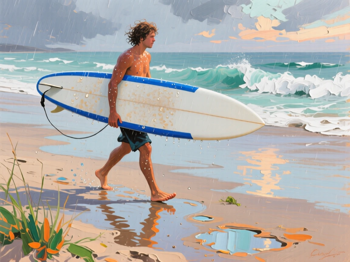 a surfer carrying a board across wet sand, after a passing rain shower, from an inviting eye-level viewpoint.