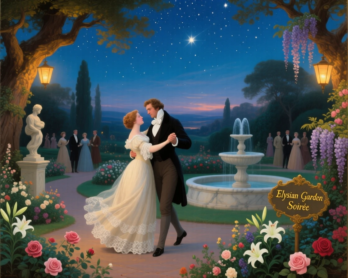 A couple dances beneath the stars at an elegant garden party.