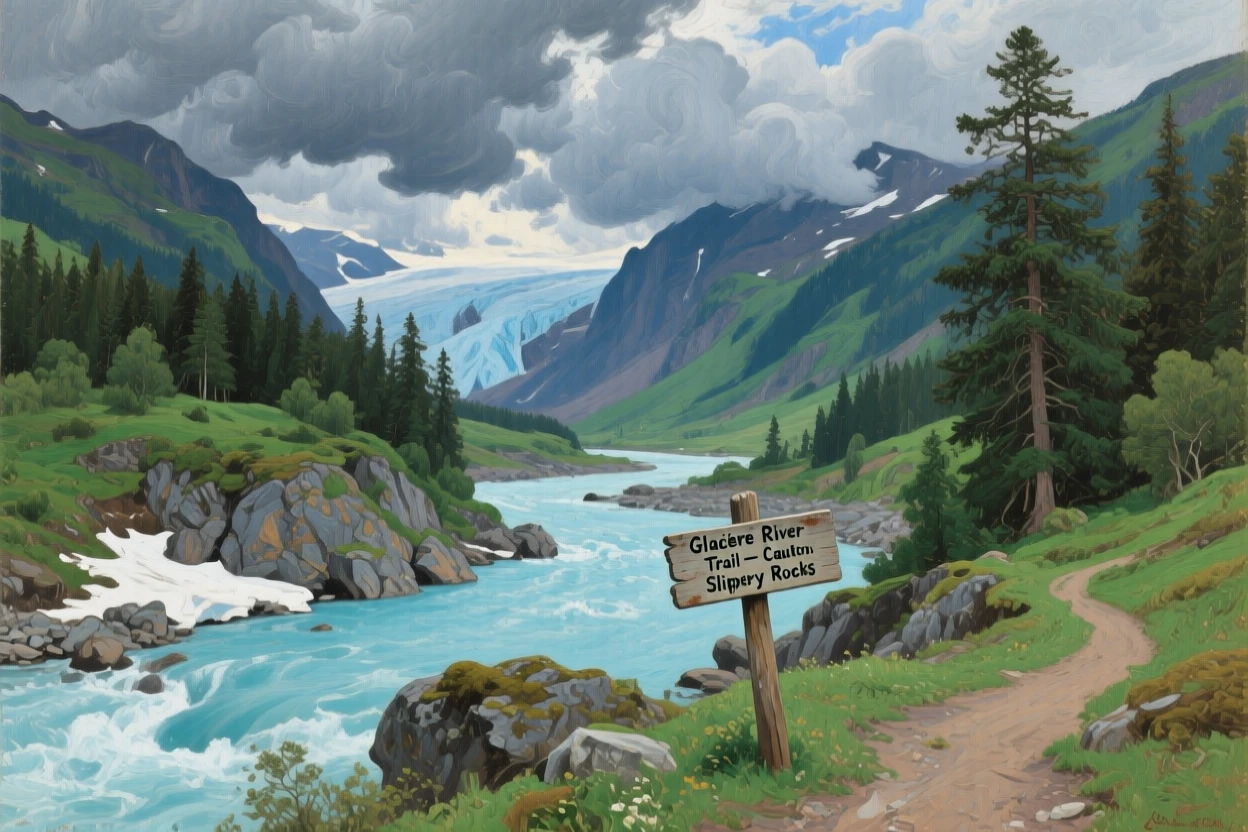 A glacial river carving through a deep emerald valley, as storm clouds gather dramatically on the horizon, evoking a profound sense of scale, silence, and wonder