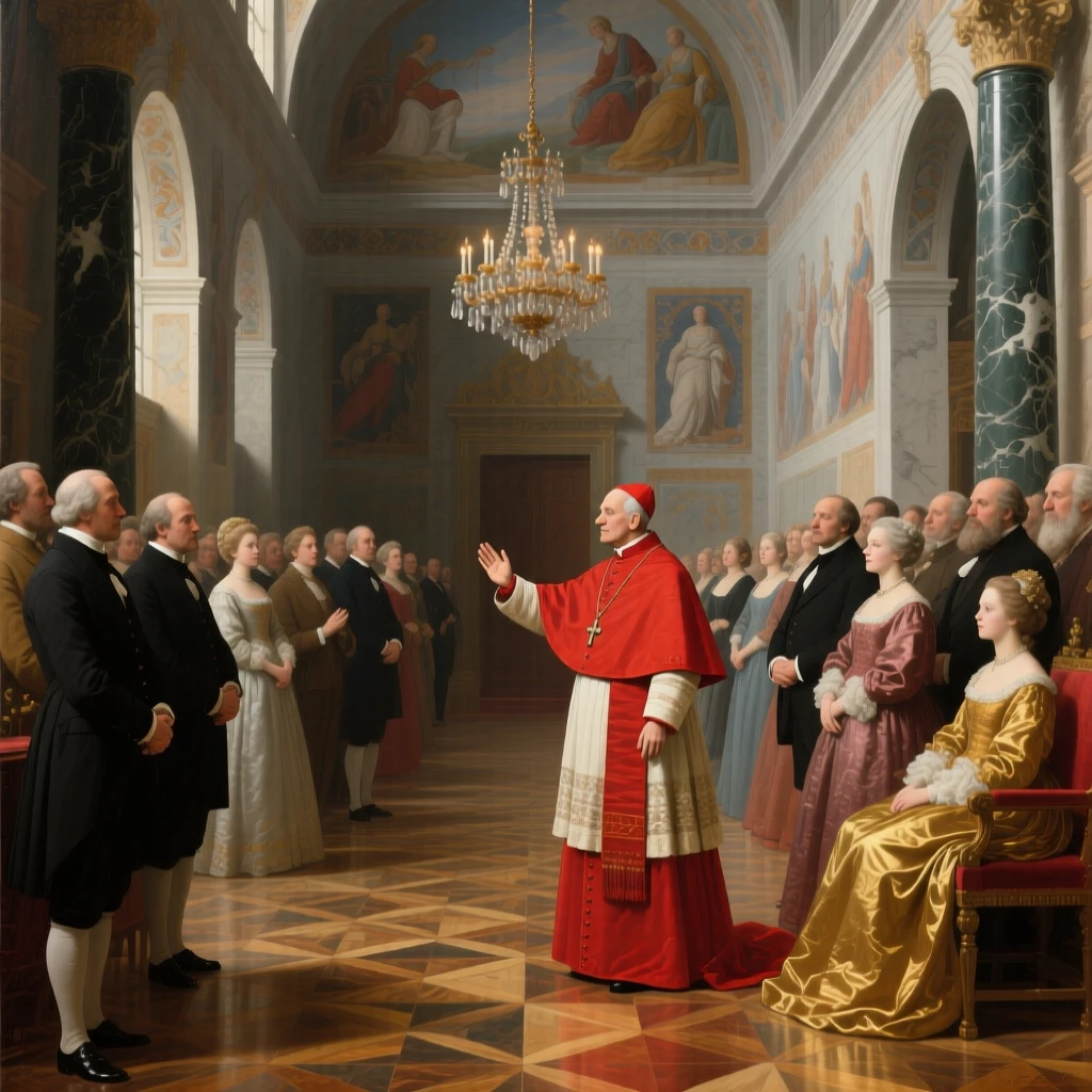 A cardinal blessing a noble gathering in a grand cathedral during a rare and cherished family gathering, set in a frescoed reception hall lined with marble columns, with a grand chandelier casting warm light over polished parquet; converging sightlines from the guests draw attention to the central gesture, suggesting both splendor and the fleeting nature of such moments.