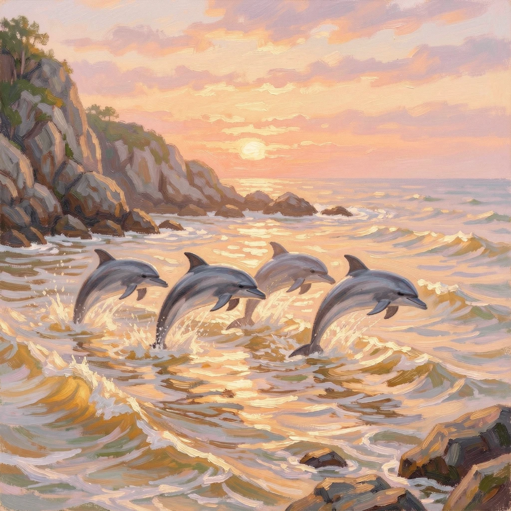 A pod of dolphins leaping through golden waves at sunset off a rocky coastline.