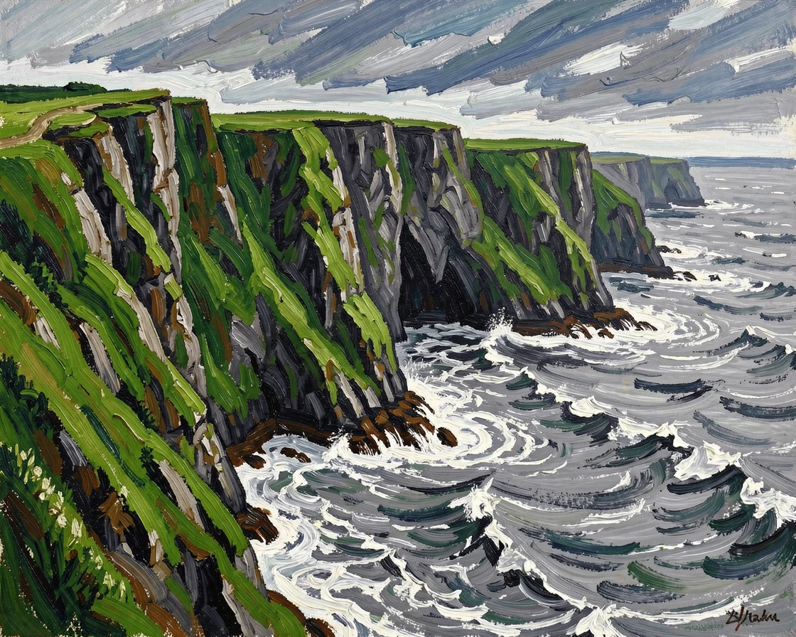 A rugged coastline in Ireland, green cliffs dropping into a churning grey sea.