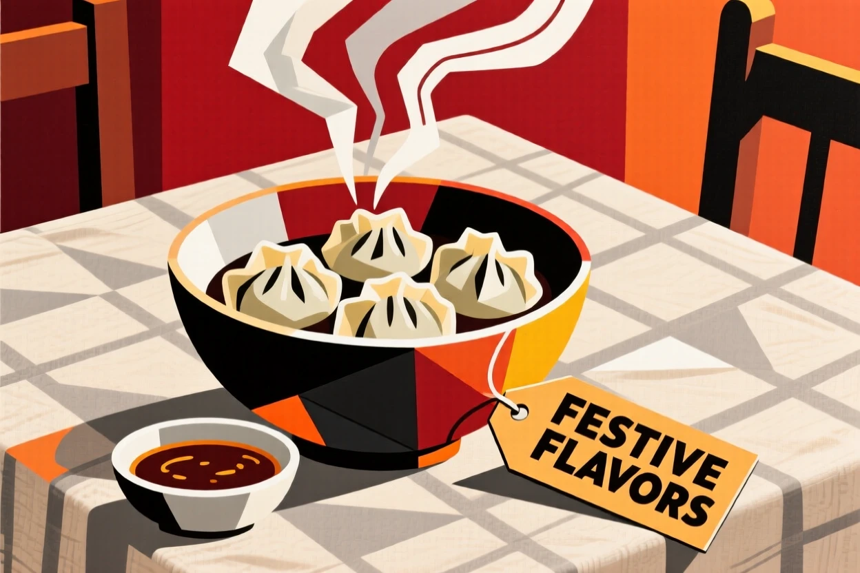 A mouthwatering image of a bowl of steaming dumplings with dipping sauce set on a linen tablecloth for a festive gathering.