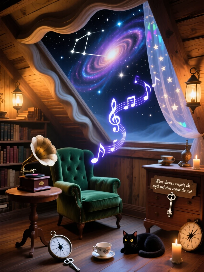 A cozy attic room where the ceiling opens directly into starlight feels warm, familiar, and just slightly impossible, while distant music drifts faintly through the still evening air.