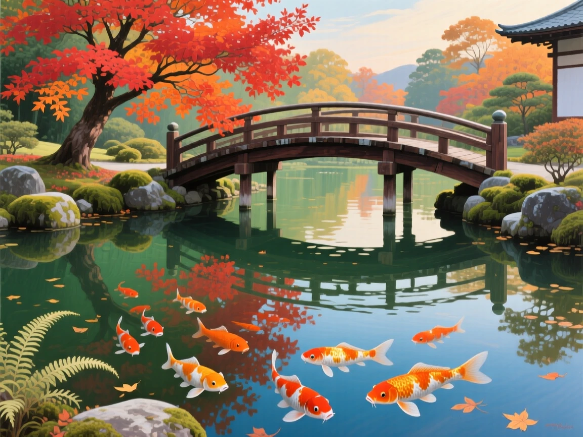 A tranquil koi pond in a Kyoto garden reflects a red maple tree in full autumn color, a wooden bridge arching gently over the water, orange fish gliding beneath the surface.