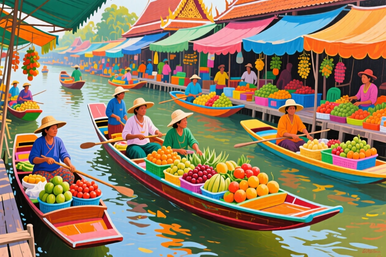 A traditional Thai long-tail boat market with vendors selling fruit from colorful floating stalls