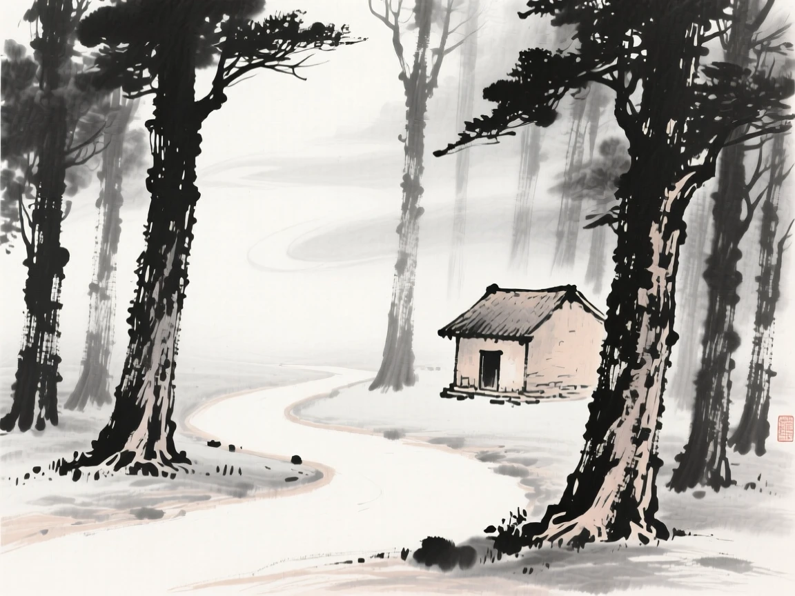 a forest path shrouded in mist, with a small hut tucked among the trees.
