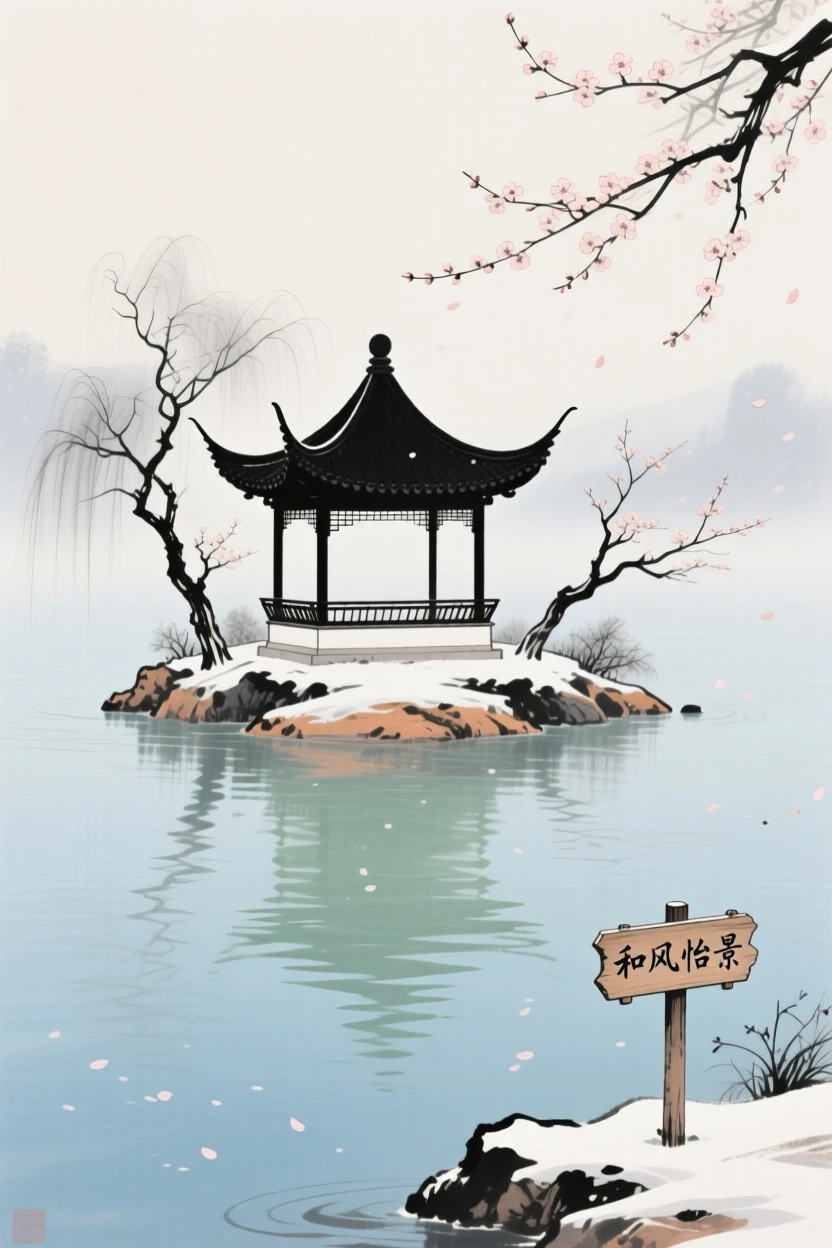 A lone pavilion on a small island in the middle of a lake, conveying a deep sense of harmony with nature, in the mild days of early winter, in a warm breeze carrying the scent of blossoms.