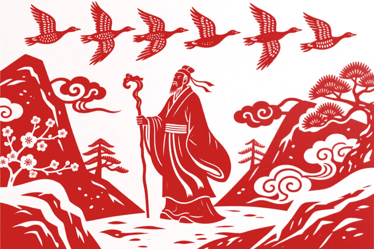 A composition of a scholar with a walking staff along a snow-dusted mountain trail, wild geese flying in formation overhead.