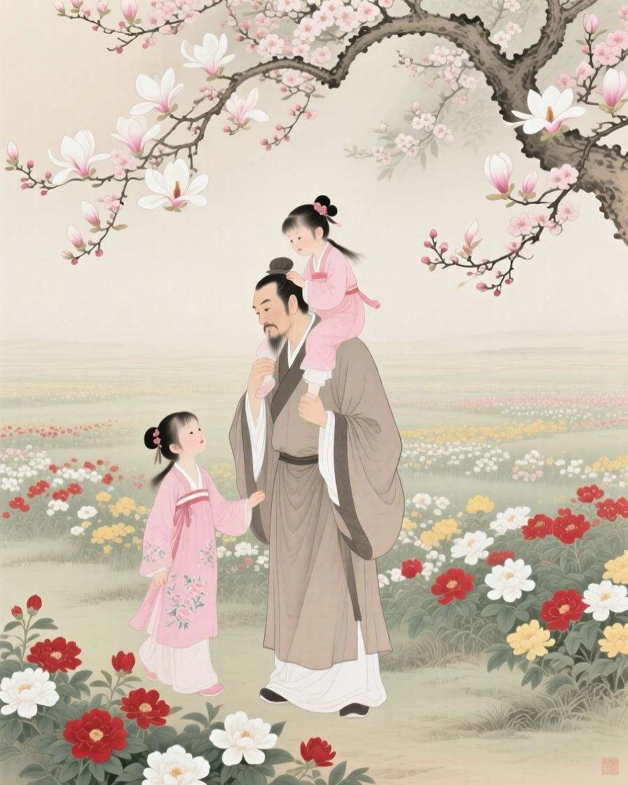 A father carrying his daughter on his shoulders through a field of flowers, beneath a canopy of blossoming trees
