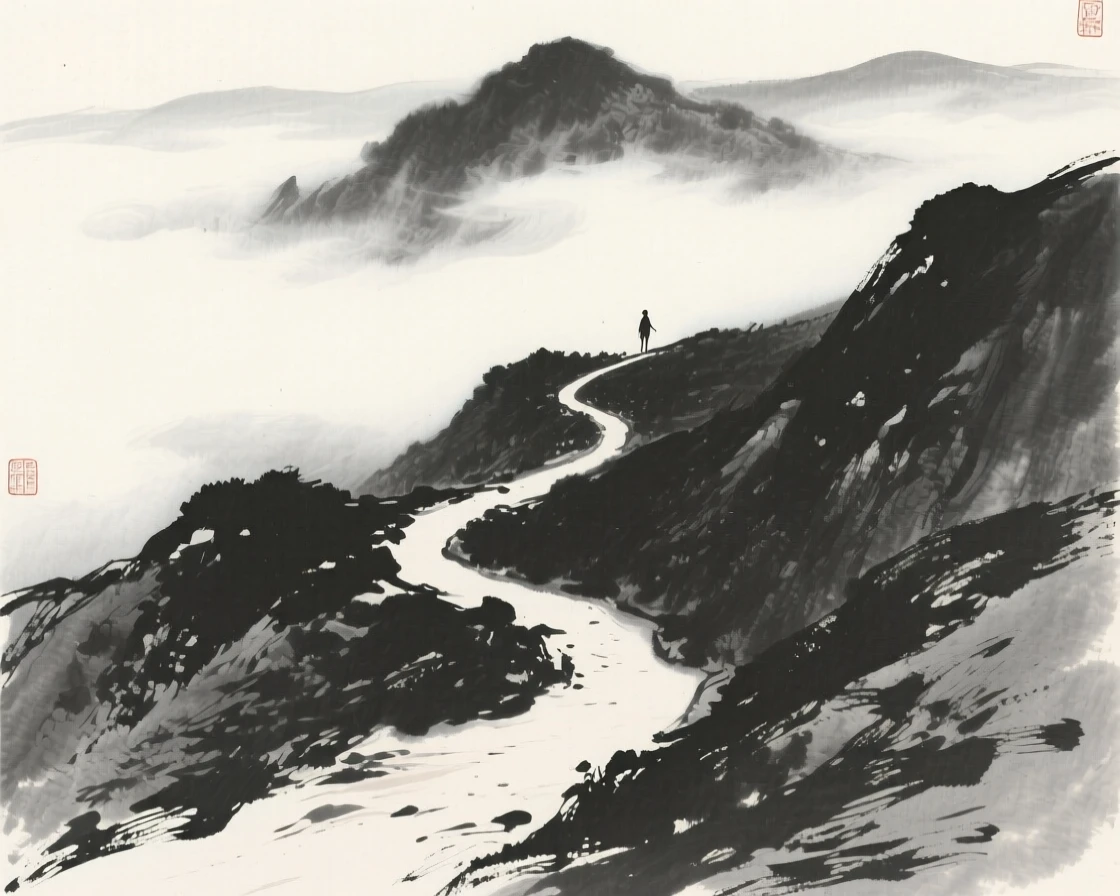 An empty mountain trail winding into the clouds as mist slowly lifts from the valley, framed with soft, diffused light throughout, evoking deep introspection and quiet solitude.