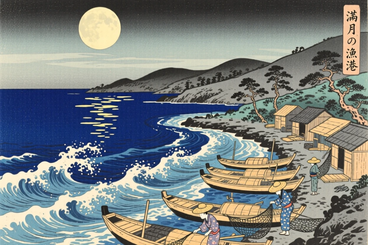 A curved fishing harbor amid crashing surf and sea spray, under a full moon.